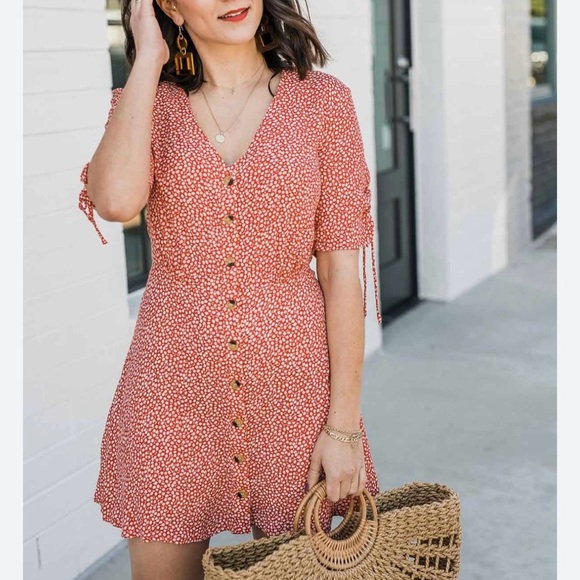 H&M Red Floral Dress Tie Sleeves Sz 2 - Picture 2 of 7